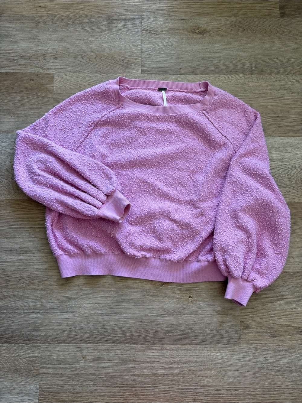 Free People Bubble Sleeve Pink Bouclé Crewneck Sweater